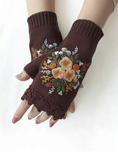 1 Pair Women Retro Style Handmade Crochet Edge Embroidered Floral Half Finger Knitted Gloves, Autumn/Winter