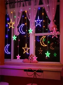 1pc Remote-Controlled LED Star And Moon String Lights, Flashing Curtain Light String, Battery Powered Christmas Decoration String Lights, Bedroom New Year, Christmas, Thanksgiving, Birthday, Wedding Party Decorationchristmas Decor Christmas Gift Thanksgiving Christmas Tree Decor Ornaments Christmas Light Bedroom Decor Home Decor Party Decor Holiday Festival Room Decor - Battery Box - View 2