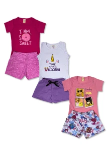 Kit 6 Peças Roupa Infantil Menina Verão 3 Conjunto Sortidos 3 Camisetas + 3 Shorts/Bermudas - Multicolorido - Visão 7