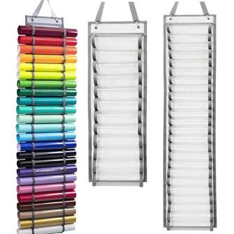 1 pieza Organizador de vinilo transparente con 48/24/12 compartimentos, soporte de almacenamiento para rollos de película de transferencia de calor montado en la pared con cintas y ganchos metálicos. Organizador colgante de PVC reforzado para almacenamiento de rollos de película adhesiva de vinilo, suministros para manualidades y rotulación.