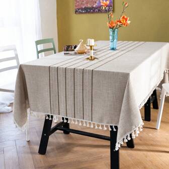 长方形桌布，亚麻防水桌布，抗皱防水餐桌布，带流苏的柔软布艺桌布，卡其色，适合聚会、派对、户外露营装饰