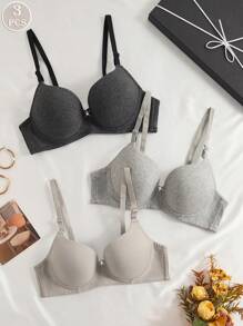 3 piezas Sujetador cómodo de algodón sólido con aros blandos y multicolor para dormir, ropa interior de lencería para mujer