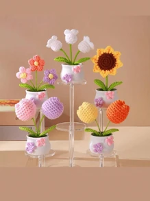 1pc Handmade Crochet Tulip Potted Plant, Mini Ornament For Desktop, Car, Office, Gift - Multicolor - View 1