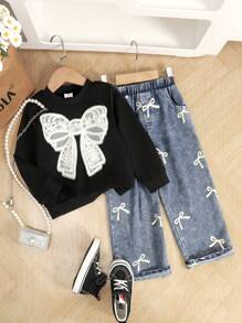 2pcs/Set Young Girl Cute Embroidered Butterfly Sweatshirt & Denim Long Pants Outfit, Spring/Autumn - Black - View 2