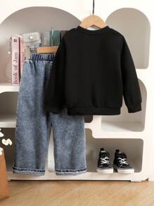 2pcs/Set Young Girl Cute Embroidered Butterfly Sweatshirt & Denim Long Pants Outfit, Spring/Autumn - Black - View 3