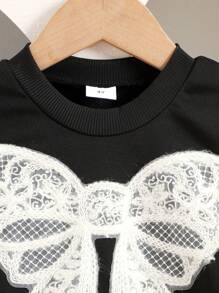 2pcs/Set Young Girl Cute Embroidered Butterfly Sweatshirt & Denim Long Pants Outfit, Spring/Autumn - Black - View 4