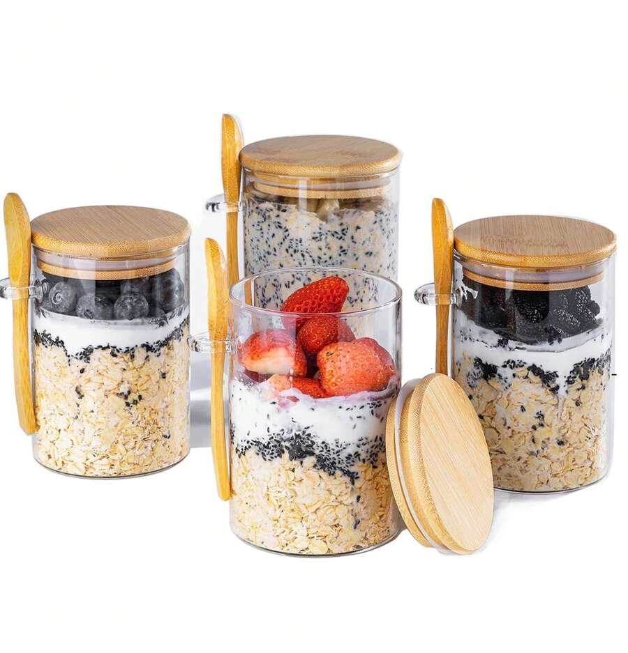 Overnight Oats Containers With Lids, 16oz Overnight Oats Jars 4 Pack, Oatmeal Cups, Meal Prep Containers, Glass Meal Prep Containers With Lids, China Pudding Jars