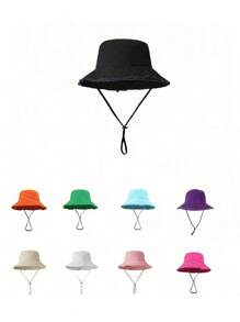 1顶女士抽绳毛边渔夫帽，柔软面料，防风防晒，户外时尚优雅礼物 - 彩色 - 查看 1