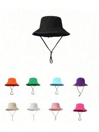 1pc Women's Drawstring Frayed Brim Bucket Hat, Soft Fabric, Windproof Sunscreen, Outdoor Fashion Elegant Gift