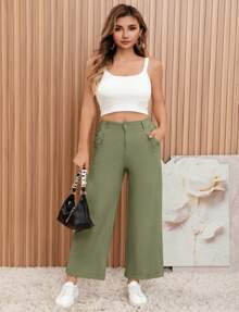 2024 mantener caliente Nuevos pantalones de pierna ancha estrechos Pantalones de punto de primavera Otoño e invierno para mujer Pantalones de punto de cintura alta Slim Fit Pantalones de punto elásticos casuales y versátiles Pantalones acampanados de botas Pantalones de punto Pantalones Pantalón acampanado - Verde militar - Ver 2