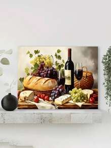 1 Stück Vintage Wein & Trauben Leinwandkunst - Küchen Wanddekoration, Rotwein Flasche & Glas mit Brot und Käse Stillleben, Mardi Gras Bachelor Party dekorativer Muster - Ungefasst