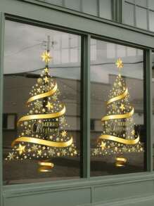Gold Christmas Tree Window Adsorption Sticker Glass DIY, Electrostatic Window Murals Display Decal Stickers, Suitable For Scene Layout Window Decoration, Christmas Decoration