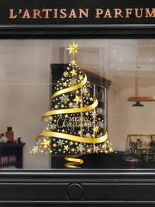 Gold Christmas Tree Window Adsorption Sticker Glass DIY, Electrostatic Window Murals Display Decal Stickers, Suitable For Scene Layout Window Decoration, Christmas Decoration