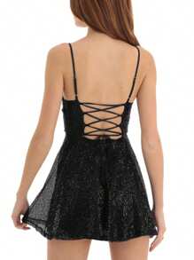 Women Shiny Sequins Dress Summer Backless A-Line Mini Party Dress For Cocktail Beach Streetwear - màu đen - Xem 2