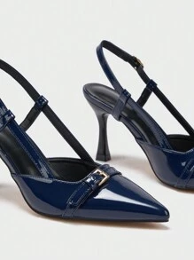 Women's Pointed Toe Strap Buckle High Heel Pumps, Elegant, Party - Navy Blue - View 6