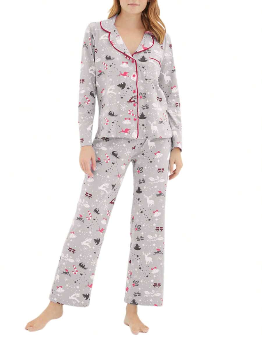 Women Christmas Pajamas Lounge Set Christmas Elements Print Long Sleeve Tops And Pants 2 Piece Loungewear Outfits - Grey - View 1