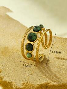 1 件 18K 镀金不锈钢天然宝石开口戒指，时尚复古风格适合派对、约会、办公室佩戴 - 金黃色 - 查看 9