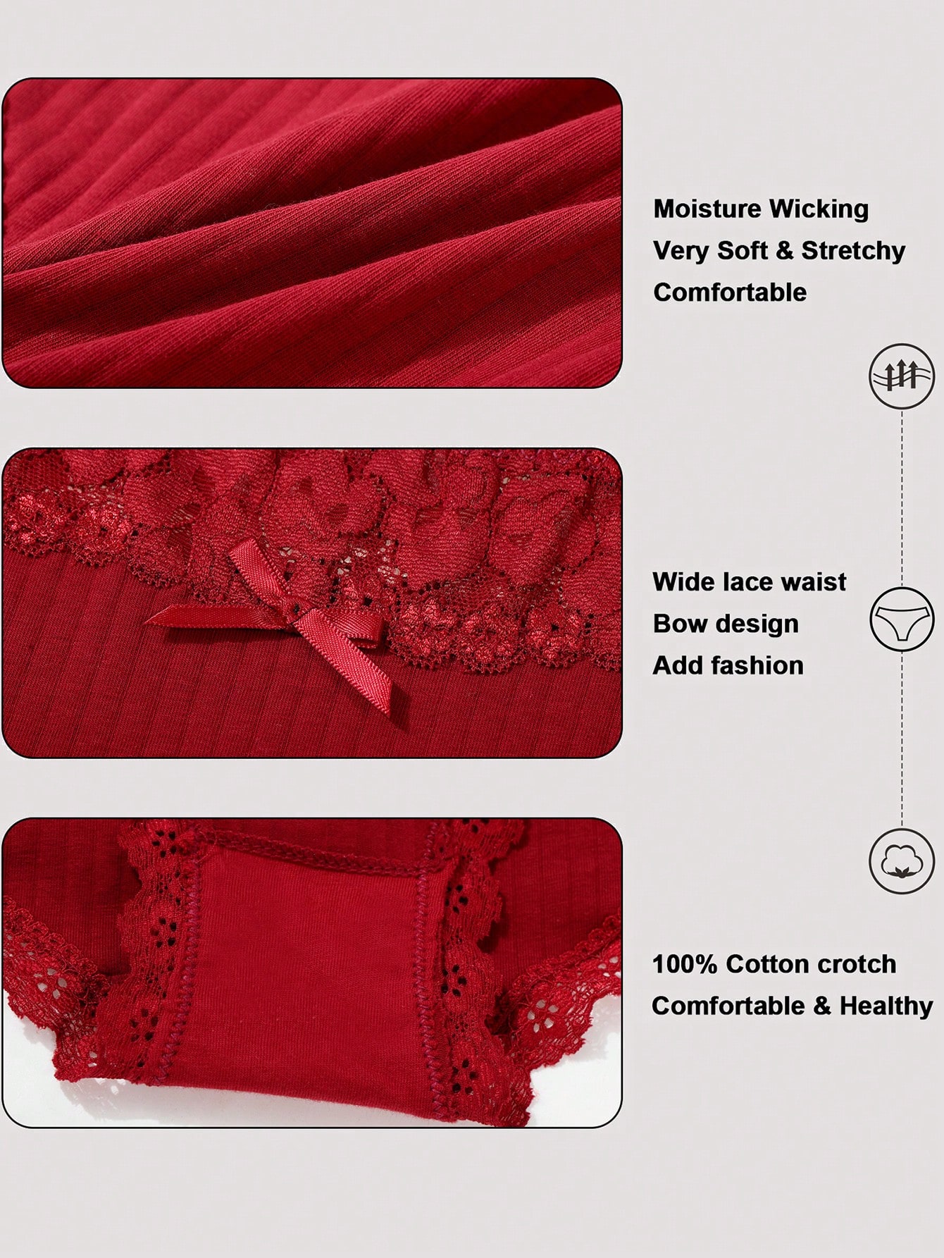 6-Pack Elegant Striped Wide Lace Waistband Comfortable Panties - Women's Breathable Stretchy Underwear For Everyday Wear - Soft