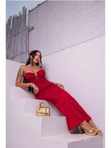 Women's Long Strapless Dress With Low-Cut Neckline And Central Ring Tight-Fitting Enhances Curves Foreign Fashion Blogger Fashion New Exclusive Highlight Summer 2025 Christmas New Year Parties New Year's Eve Nightclubs Occasions Celebrations Events Sensual - 紅色 - 查看 3