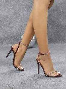 Women's Rhinestone Embellished Strap Peep Toe High Heeled Sandals, Elegant Sexy Shiny Party Wine Red Stilettos Valentines