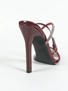 Women's Rhinestone Embellished Strap Peep Toe High Heeled Sandals, Elegant Sexy Shiny Party Wine Red Stilettos Valentines
