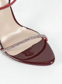 Women's Rhinestone Embellished Strap Peep Toe High Heeled Sandals, Elegant Sexy Shiny Party Wine Red Stilettos Valentines