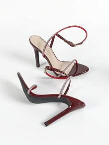 Women's Rhinestone Embellished Strap Peep Toe High Heeled Sandals, Elegant Sexy Shiny Party Wine Red Stilettos Valentines