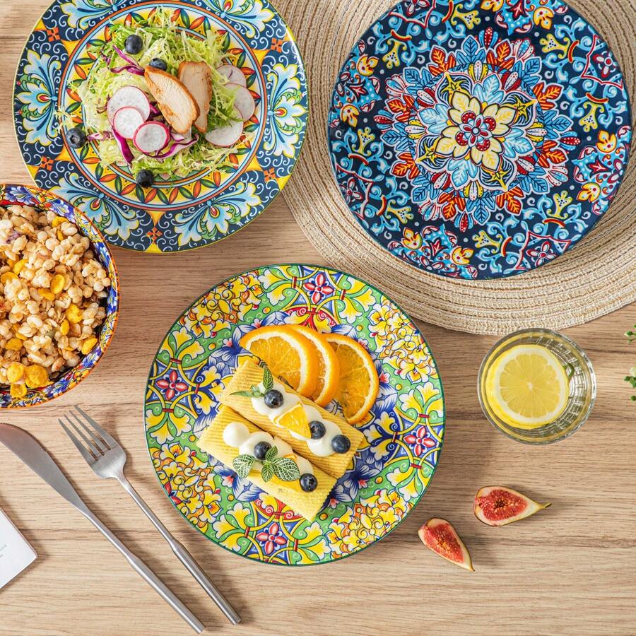 vancasso 6 Pieces Porcelain Plates Set, Multicolour Set, Polychrome, Ceramic Stamping In Bohemian Style, Soup Plate For 6 Person, Green, Dark Green, Orange, Yellow, Blue And Red, 21.8cm