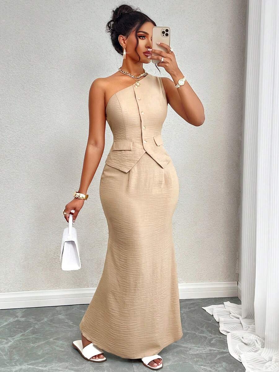 One Shoulder Asymmetrical Hem Vest Jacket & Mermaid Hem Skirt - Khaki - View 1