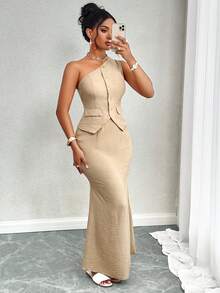 One Shoulder Asymmetrical Hem Vest Jacket & Mermaid Hem Skirt - Khaki - View 5