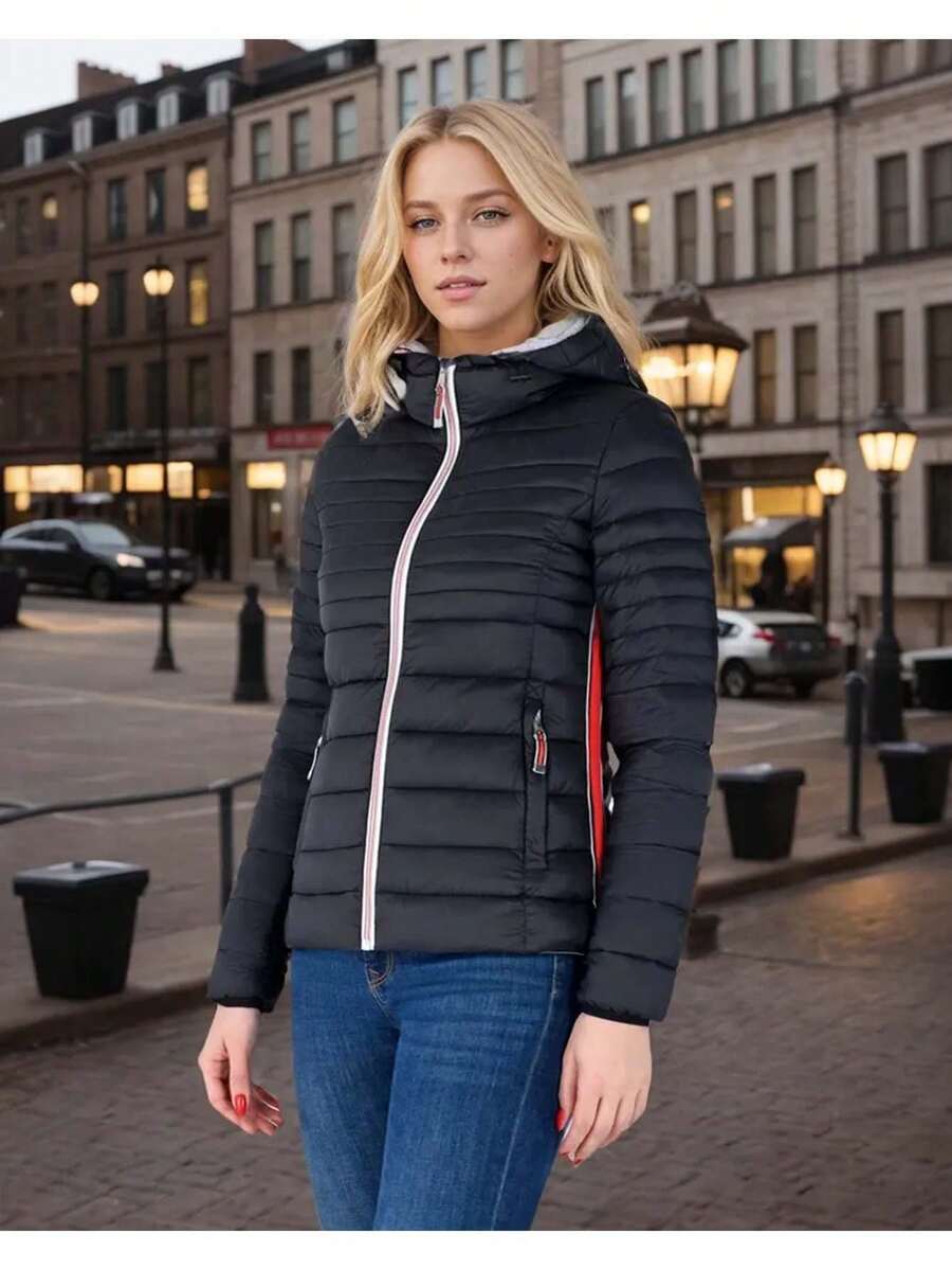 Women's Puffer Jacket Quilted Lightweight Padding Hood Packable Bubble Coat - Black - View 1