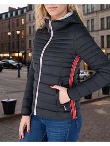 Women's Puffer Jacket Quilted Lightweight Padding Hood Packable Bubble Coat - Black - View 2