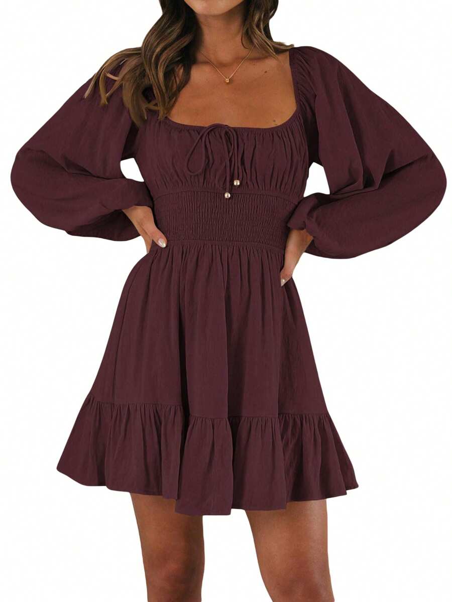 Women Spring Summer Short A-Line Dresses Long Sleeve Square Neck Ruched Tie Up Party Dress - Dark Brown - View 1