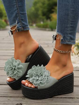 Women's Thick Platform Wedge Sandals, Waterproof, Floral, Comfy Chunky Sole Casual Beach Resort Slide Slippers, Spring/Summer