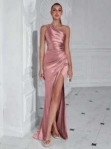 女士优雅单肩褶裥高开衩鸡尾酒礼服，适合跳舞