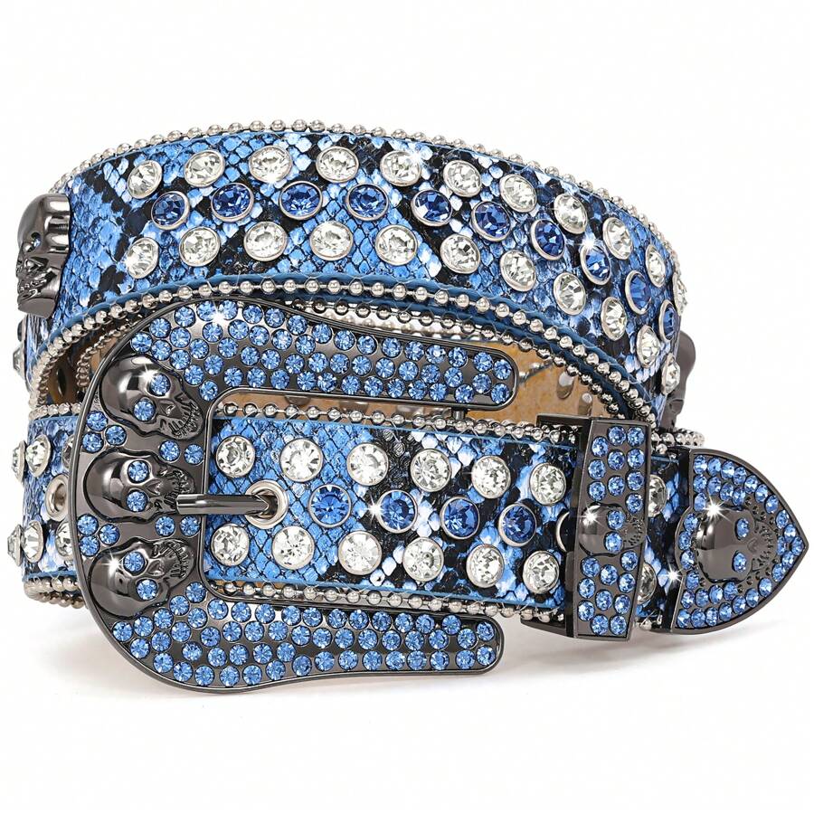 SUOSDEY Unisex Skull Belt For Men Women Studded Belts Skull Rhinestone Belt Men Women Bling Stylish Snake Print Leather Belt Cowgirl Belts - Blue - View 1