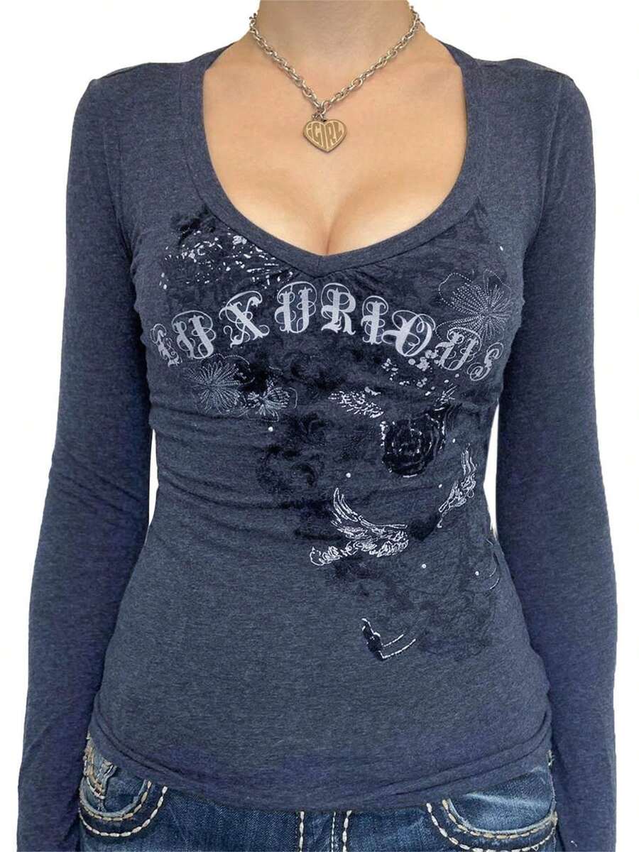 Womens Y2k Spring Autumn Fitted Tops Vintage Aesthetic Crop Top Long Sleeve Letter Pattern Print Skinny T-Shirt Streetwear - Navy Blue - View 1