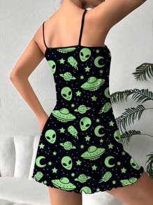 Camisola Sexy Estampada com Alienígena e OVNI para Mulheres