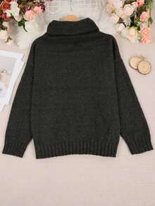 Plus Size Casual Loose Turtleneck Drawstring Knit Sweater, For Winter Black - Black - View 5