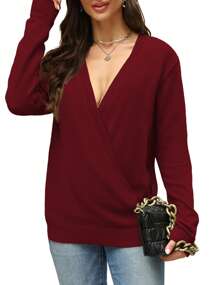 Women's 2024 Deep V-Neck Wrap Sweaters Long Sleeve Front Cross Loose Knitted Pullover Jumper Elegant Fall Winter Tops - Dark Red - 查看 3