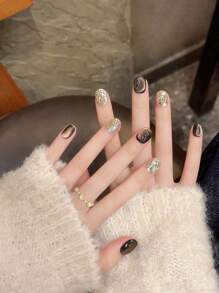 10 piezas de uñas postizas hechas a mano, con ojo de gato negro, brillo dorado, decoración de cristales 3D, forma ovalada corta, set de uñas artificiales para estudiantes y mujeres embarazadas, incluye esmalte de gel y accesorios para uñas postizas - Multicolor - Ver 2