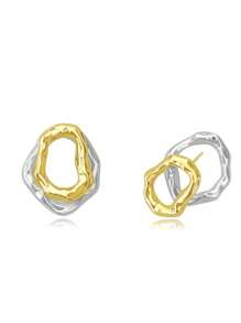 2pcs Fashionable Asymmetrical Double-Layered Hoop Earrings With Simple Gold & Silver Geometric Lines