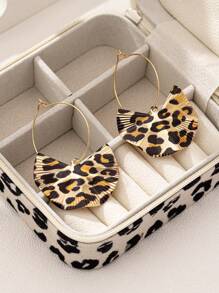 1 Pair Metal Folding Textured Leaf Design Earrings, Delicate & Fashionable Versatile - Leopard - View 3