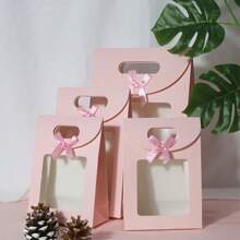 5 件透明自立翻盖礼品袋，全新纯色蝴蝶结提手袋 - 粉色、白色、黑色、蓝色、棕色，糖果袋，派对礼品袋，生日礼品袋，节日礼品袋，返校情人节 - 粉色 - 查看 3