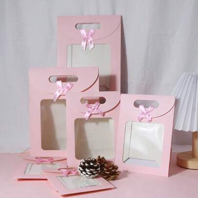 5 件透明自立翻盖礼品袋，全新纯色蝴蝶结提手袋 - 粉色、白色、黑色、蓝色、棕色，糖果袋，派对礼品袋，生日礼品袋，节日礼品袋，返校情人节