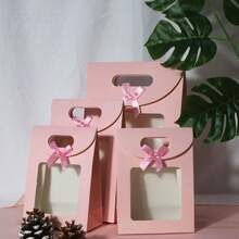 5 件透明自立翻盖礼品袋，全新纯色蝴蝶结提手袋 - 粉色、白色、黑色、蓝色、棕色，糖果袋，派对礼品袋，生日礼品袋，节日礼品袋，返校情人节 - 粉色 - 查看 7