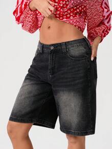 Women's Knee Length Denim Shorts Loose Solid Color Low Rise Wide Leg Long Shorts With Pockets For Summer - Dark Grey - View 4