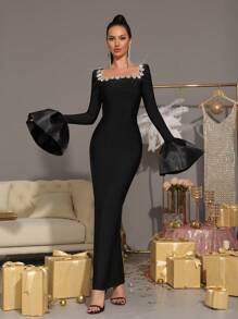 Modphy New Sparkling Rhinestone Embellished Flare Sleeve Bodycon Dress, Elegant For Party, Wedding, Birthday, Eid Celebration,Gown,Formal,Evening,Wedding Guest - Black - View 1