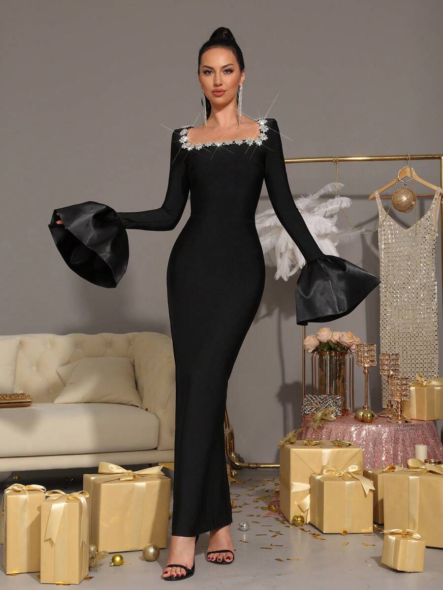 Modphy New Sparkling Rhinestone Embellished Flare Sleeve Bodycon Dress, Elegant For Party, Wedding, Birthday, Eid Celebration,Gown,Formal,Evening,Wedding Guest - Black - View 1