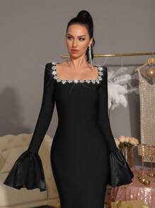 Modphy New Sparkling Rhinestone Embellished Flare Sleeve Bodycon Dress, Elegant For Party, Wedding, Birthday, Eid Celebration,Gown,Formal,Evening,Wedding Guest - Black - View 7